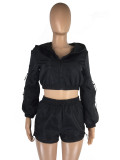 Women's Solid Drawstring Long Sleeve Shorts Hooded Two-Piece Set