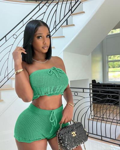 Women's Casual Sexy Wrap Chest Shorts Sweater Two Piece Set