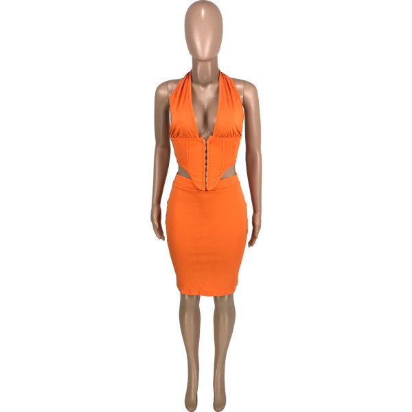 Women's fashion casual sexy solid color backless nightclub style slim coat wrap arm two-piece skirt