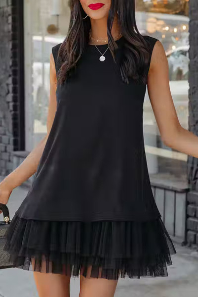 Loose mesh hem sleeveless maxi dress with lining