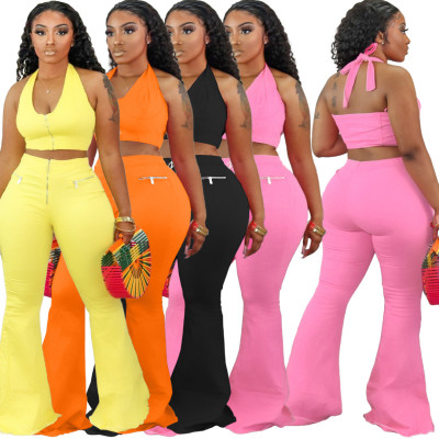 Fashion and leisure new small vest flared pants two-piece set