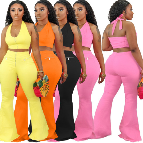 Fashion and leisure new small vest flared pants two-piece set