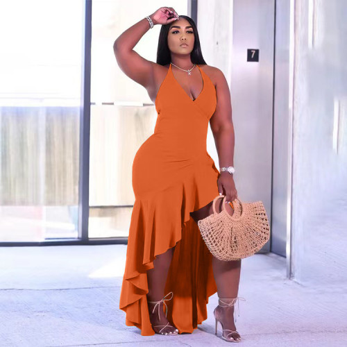New Sling Sleeveless Solid Color Slit Ruffle Dress