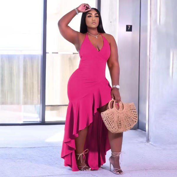 New Sling Sleeveless Solid Color Slit Ruffle Dress