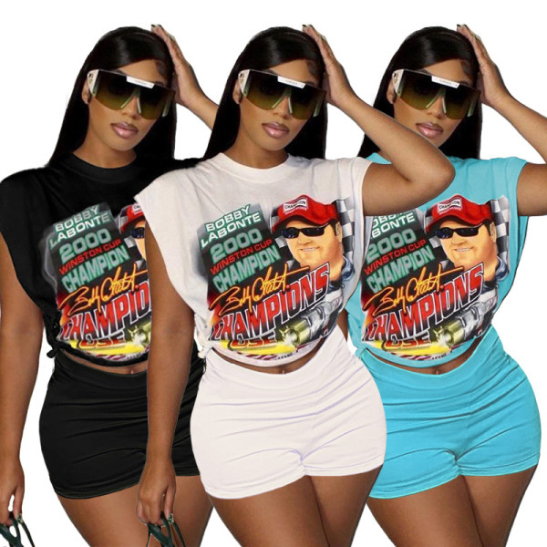 Loose printed T-shirt + shorts casual two-piece set