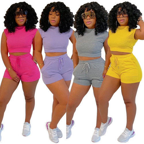 Ladies Suit Shorts T-Shirt Suit Solid Color Sports Casual Style