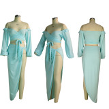Long-sleeved chest-wrap knitted fashion loose solid color suit skirt