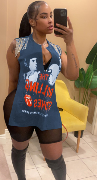 Fashion Street Hip Hop Print Rhinestone Sleeveless T-Shirt Top