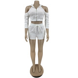 Women's solid color zipper pleated sexy backless two-piece suit