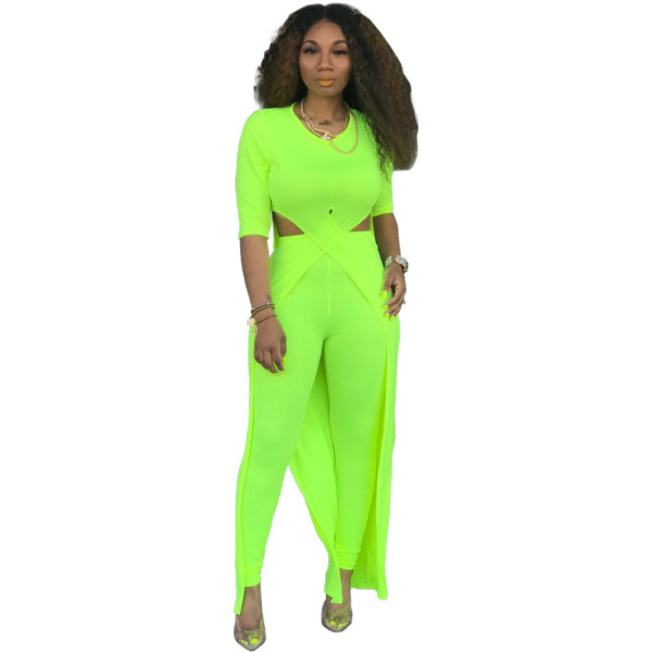 Solid color sexy hollow slit two-piece set