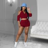 Women's solid color zipper pleated sexy backless two-piece suit
