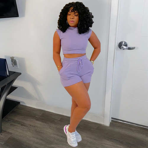 Ladies Suit Shorts T-Shirt Suit Solid Color Sports Casual Style