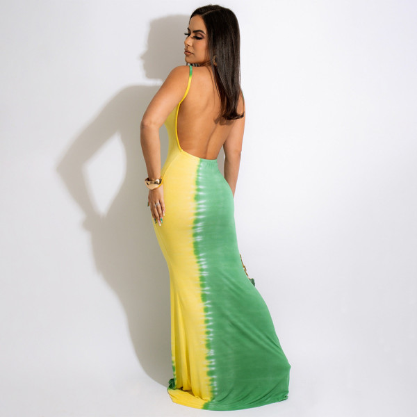 Fishbone French Print Dress Summer Temperament Sling Backless Mopping Skirt