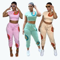 Fashion Rainbow Striped Sports Lotus Leaf Sleeves Two Piece Women's Fashion Rainbow Striped Sports Lotus Leaf Sleeves Two Piece Women's
