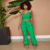 Solid Color Tank Top Tie Pants Two Piece Set