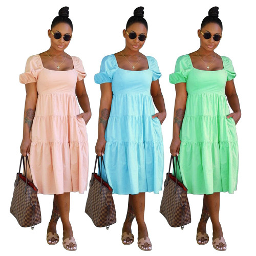 Fashion Lace Up Bow Dress Women's High Waist Short Sleeve Mid Skirt