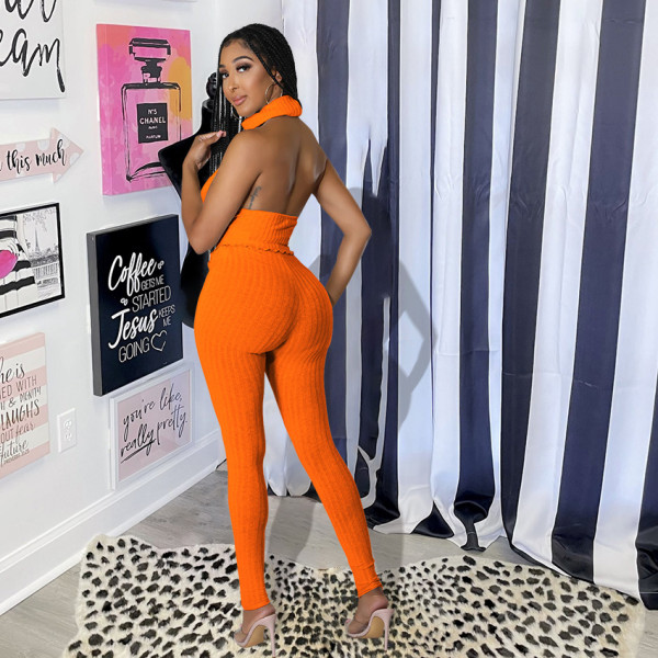 Solid color turtleneck open back sexy slim two-piece suit