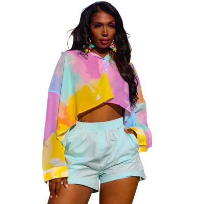 Lapel Long Sleeve Contrast Color Smudge Short Chiffon Shirt Fashion Two-piece Set