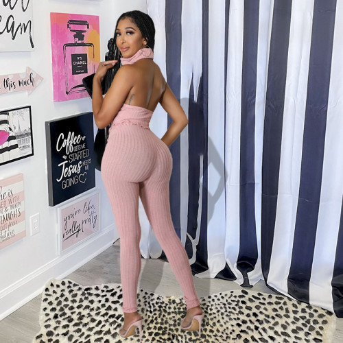 Solid color turtleneck open back sexy slim two-piece suit