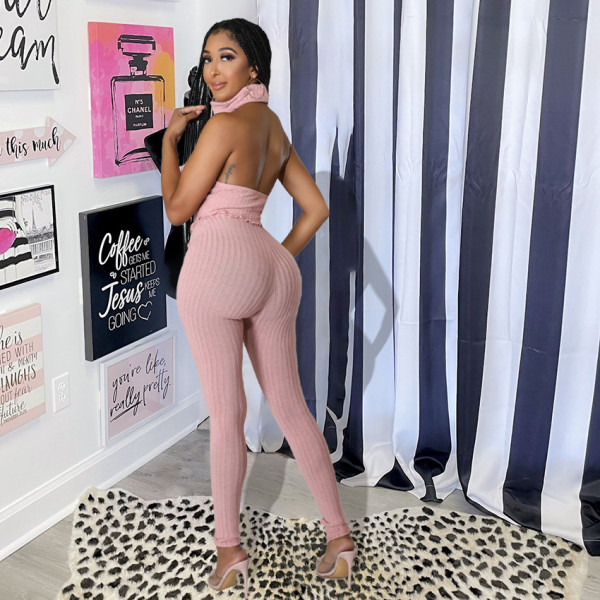Solid color turtleneck open back sexy slim two-piece suit