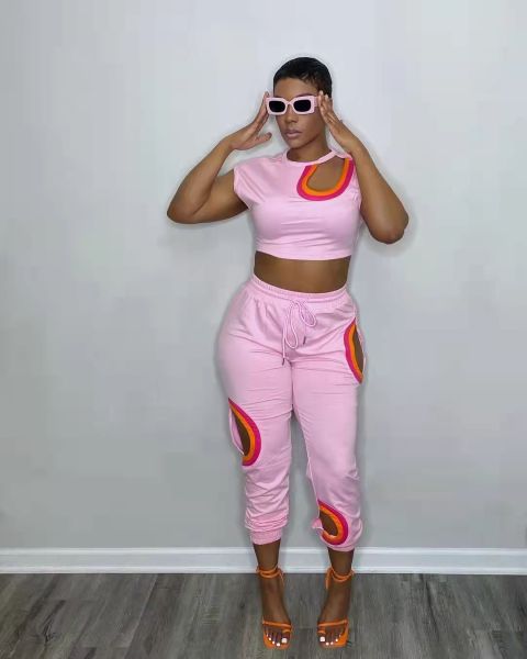 Fashion Rainbow Striped Sports Lotus Leaf Sleeves Two Piece Women's