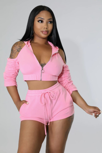 Women's solid color zipper pleated sexy backless two-piece suit