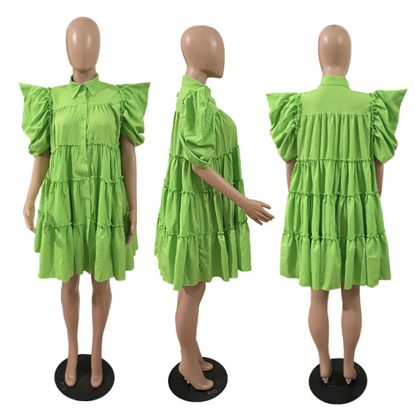 Women's Retro French Court Style Pleated Puff Sleeve Loose Dress