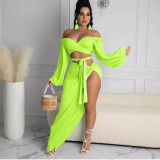 Long-sleeved chest-wrap knitted fashion loose solid color suit skirt