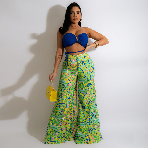 V-neck tube top printed wide leg trousers fashion casual women's suit