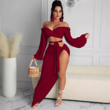 Long-sleeved chest-wrap knitted fashion loose solid color suit skirt