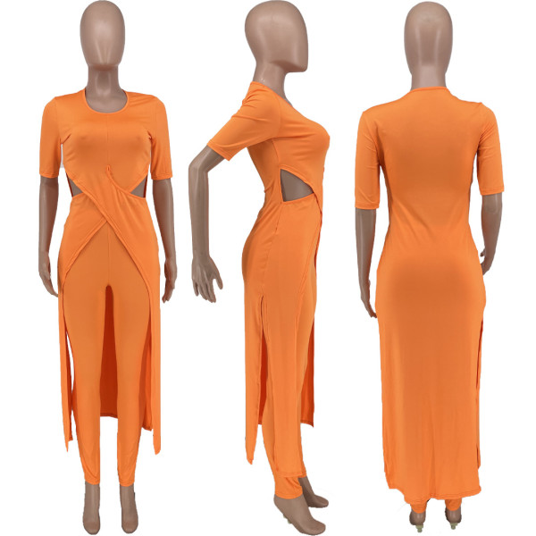 Solid color sexy hollow slit two-piece set