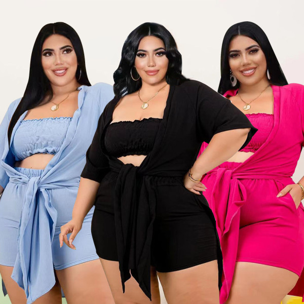 Plus size women's solid color tube top three-piece spring and summer dress