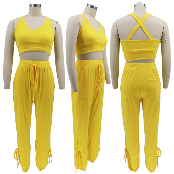 Solid Color Tank Top Tie Pants Two Piece Set