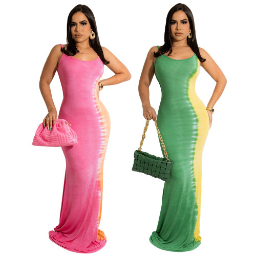 Fishbone French Print Dress Summer Temperament Sling Backless Mopping Skirt