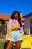 Lapel Long Sleeve Contrast Color Smudge Short Chiffon Shirt Fashion Two-piece Set