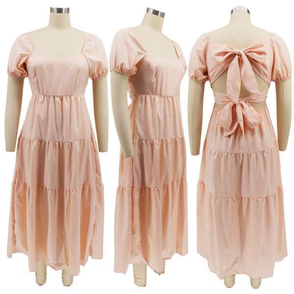 Fashion Lace Up Bow Dress Women's High Waist Short Sleeve Mid Skirt