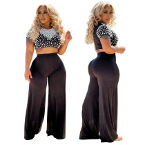 Round neck short bubble bead top and casual wide leg pants two-piece set for women Round neck short bubble bead top and casual wide leg pants two-piece set for women