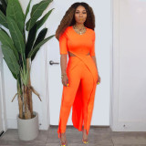 Solid color sexy hollow slit two-piece set