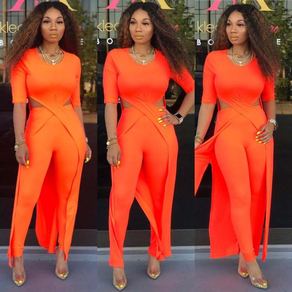 Solid color sexy hollow slit two-piece set