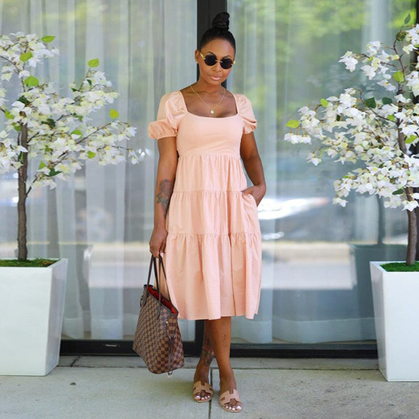 Fashion Lace Up Bow Dress Women's High Waist Short Sleeve Mid Skirt