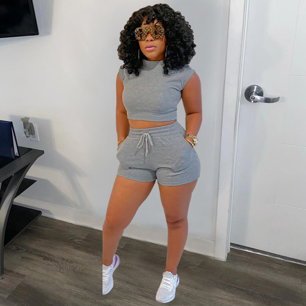 Ladies Suit Shorts T-Shirt Suit Solid Color Sports Casual Style