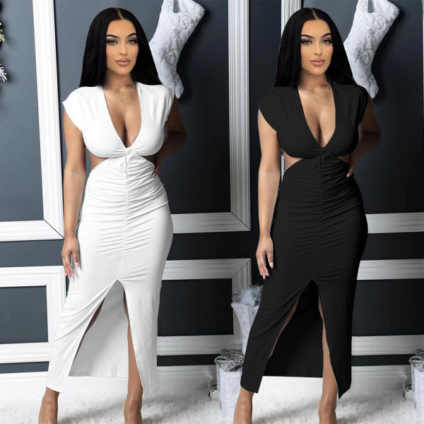 Feature Fashion Show Waist Slit Sexy Slim Fit Ruched Dress