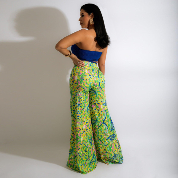 V-neck tube top printed wide leg trousers fashion casual women's suit