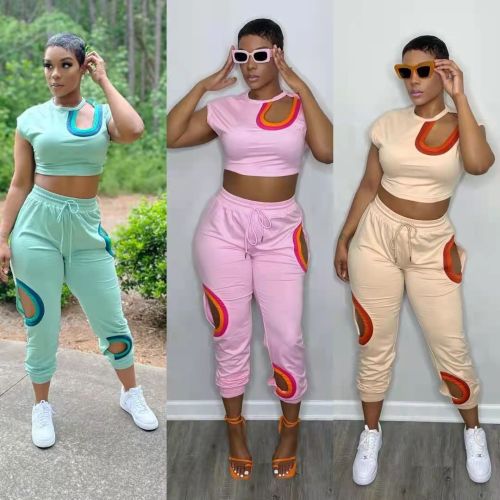 Fashion Rainbow Striped Sports Lotus Leaf Sleeves Two Piece Women's