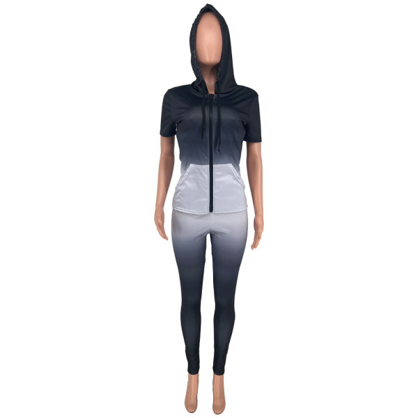 Gradient Zip Pocket Hooded Short Sleeve Two Piece