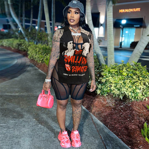 Fashion Street Hip Hop Print Rhinestone Sleeveless T-Shirt Top