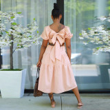 Fashion Lace Up Bow Dress Women's High Waist Short Sleeve Mid Skirt