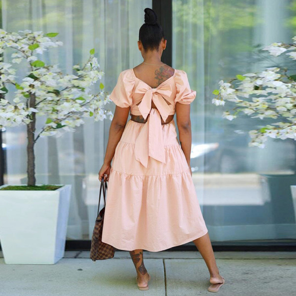 Fashion Lace Up Bow Dress Women's High Waist Short Sleeve Mid Skirt
