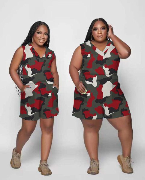 Women's Casual Camo Print Loose Pocket Zip Jumpsuit