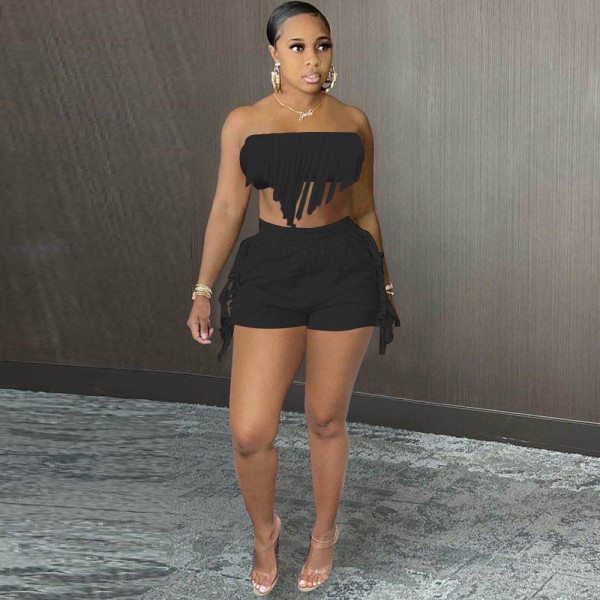 Solid Color Sexy Wrap Bust Fringe Two-Piece Set
